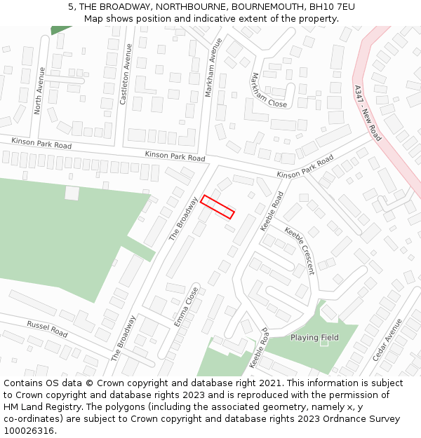 5, THE BROADWAY, NORTHBOURNE, BOURNEMOUTH, BH10 7EU: Location map and indicative extent of plot