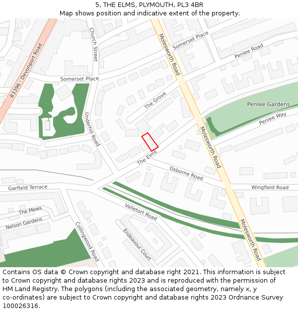 5, THE ELMS, PLYMOUTH, PL3 4BR: Location map and indicative extent of plot