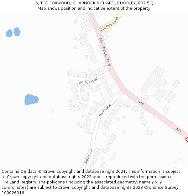 5, THE FOXWOOD, CHARNOCK RICHARD, CHORLEY, PR7 5JQ: Location map and indicative extent of plot