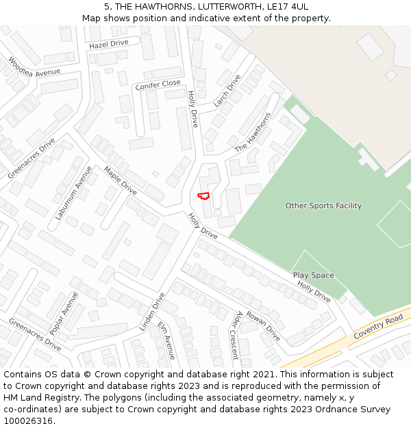 5, THE HAWTHORNS, LUTTERWORTH, LE17 4UL: Location map and indicative extent of plot