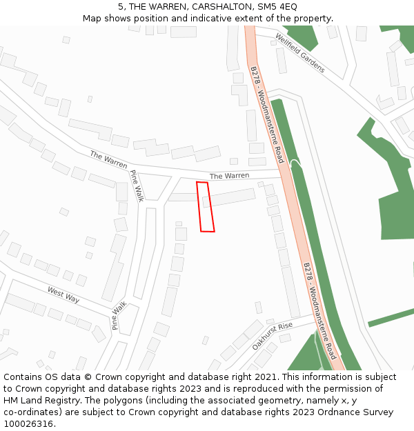 5, THE WARREN, CARSHALTON, SM5 4EQ: Location map and indicative extent of plot