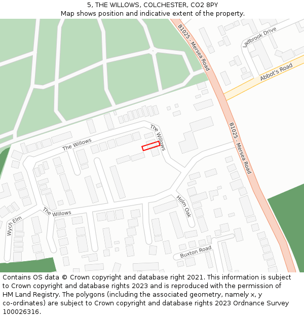 5, THE WILLOWS, COLCHESTER, CO2 8PY: Location map and indicative extent of plot
