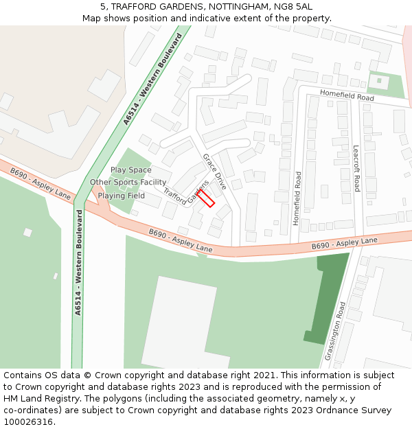 5, TRAFFORD GARDENS, NOTTINGHAM, NG8 5AL: Location map and indicative extent of plot