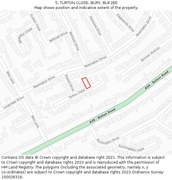 5, TURTON CLOSE, BURY, BL8 2EE: Location map and indicative extent of plot