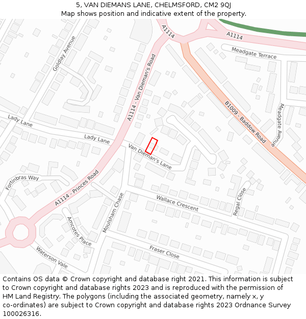 5, VAN DIEMANS LANE, CHELMSFORD, CM2 9QJ: Location map and indicative extent of plot