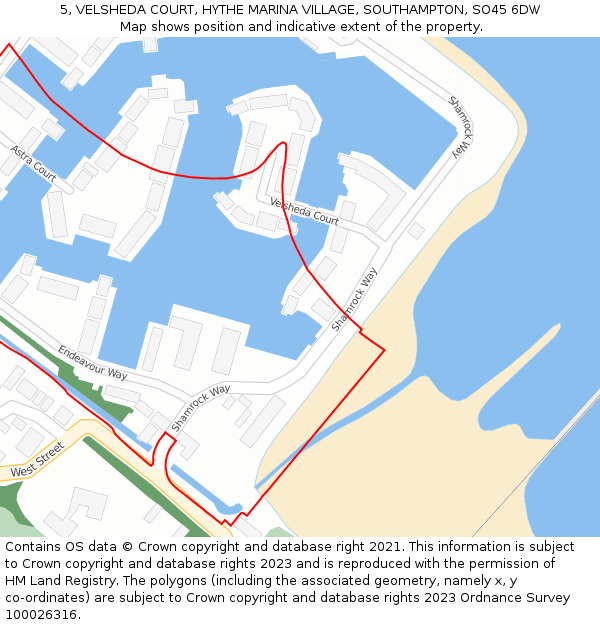 5, VELSHEDA COURT, HYTHE MARINA VILLAGE, SOUTHAMPTON, SO45 6DW: Location map and indicative extent of plot