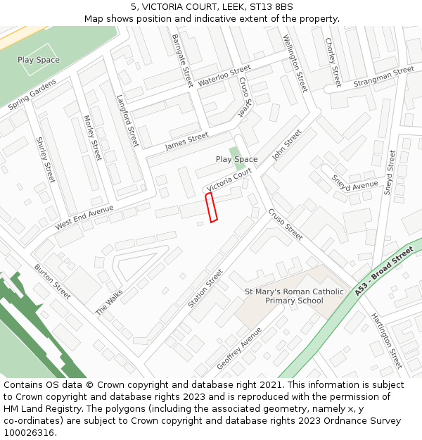 5, VICTORIA COURT, LEEK, ST13 8BS: Location map and indicative extent of plot