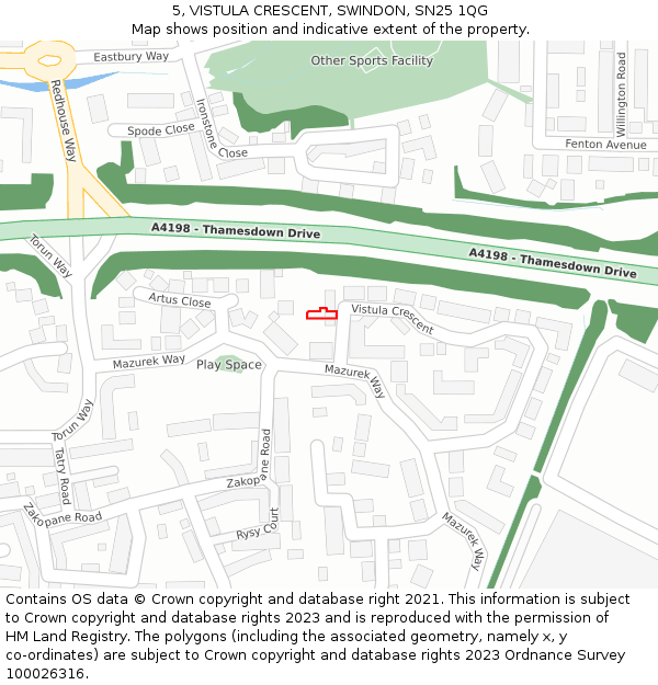 5, VISTULA CRESCENT, SWINDON, SN25 1QG: Location map and indicative extent of plot
