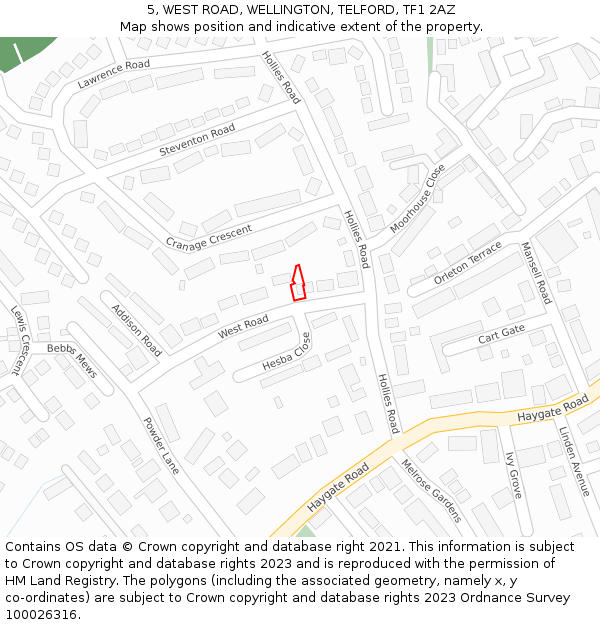 5, WEST ROAD, WELLINGTON, TELFORD, TF1 2AZ: Location map and indicative extent of plot