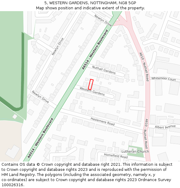 5, WESTERN GARDENS, NOTTINGHAM, NG8 5GP: Location map and indicative extent of plot