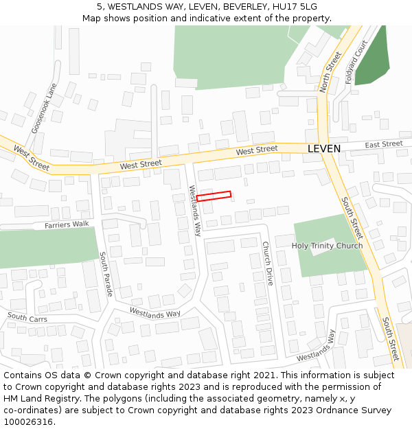 5, WESTLANDS WAY, LEVEN, BEVERLEY, HU17 5LG: Location map and indicative extent of plot