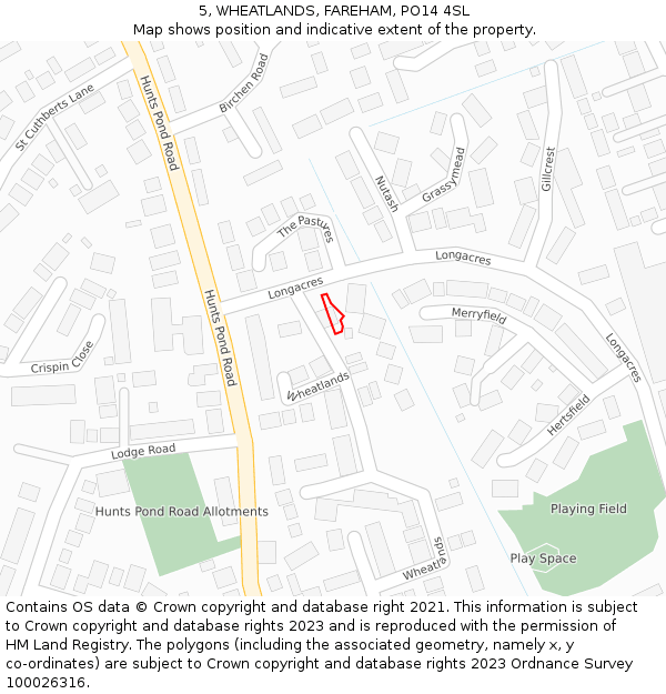 5, WHEATLANDS, FAREHAM, PO14 4SL: Location map and indicative extent of plot