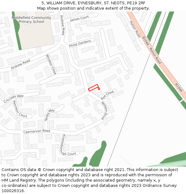 5, WILLIAM DRIVE, EYNESBURY, ST. NEOTS, PE19 2RF: Location map and indicative extent of plot