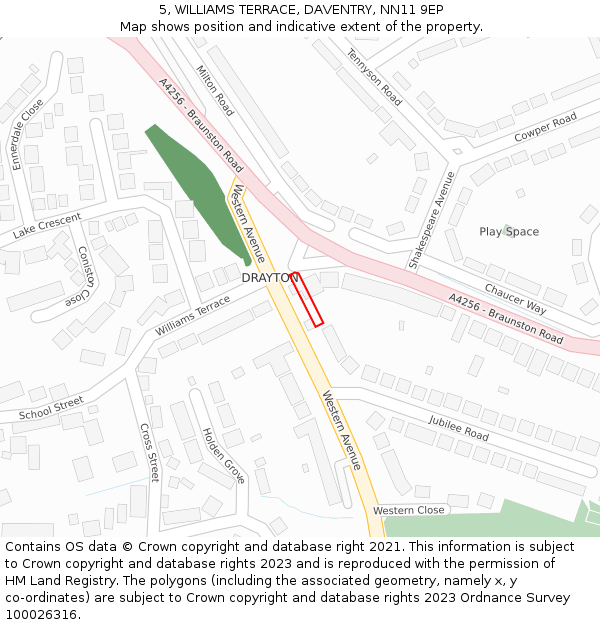 5, WILLIAMS TERRACE, DAVENTRY, NN11 9EP: Location map and indicative extent of plot