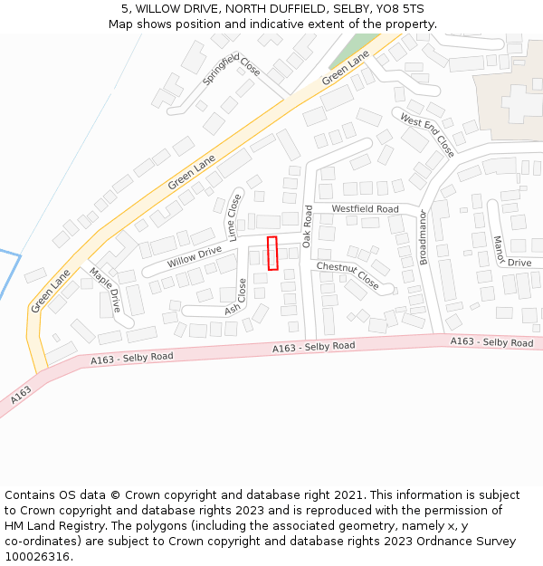 5, WILLOW DRIVE, NORTH DUFFIELD, SELBY, YO8 5TS: Location map and indicative extent of plot
