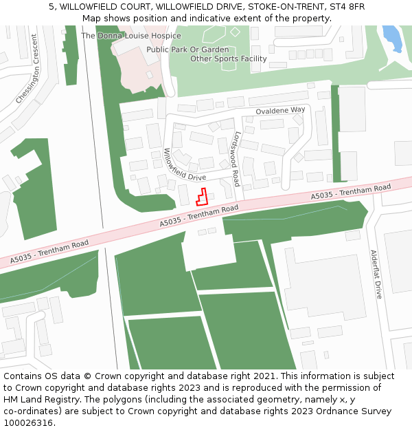 5, WILLOWFIELD COURT, WILLOWFIELD DRIVE, STOKE-ON-TRENT, ST4 8FR: Location map and indicative extent of plot