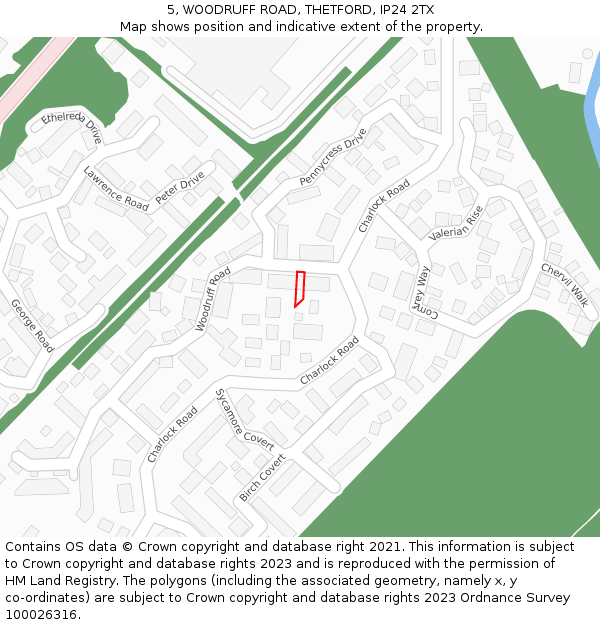 5, WOODRUFF ROAD, THETFORD, IP24 2TX: Location map and indicative extent of plot