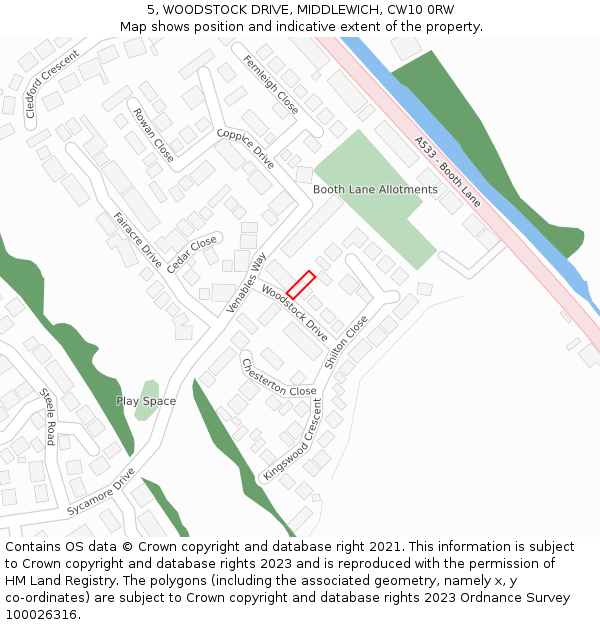 5, WOODSTOCK DRIVE, MIDDLEWICH, CW10 0RW: Location map and indicative extent of plot