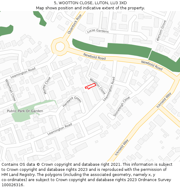 5, WOOTTON CLOSE, LUTON, LU3 3XD: Location map and indicative extent of plot