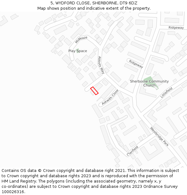 5, WYDFORD CLOSE, SHERBORNE, DT9 6DZ: Location map and indicative extent of plot