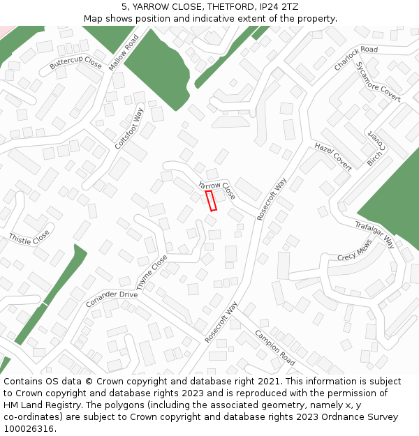 5, YARROW CLOSE, THETFORD, IP24 2TZ: Location map and indicative extent of plot