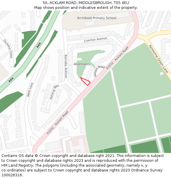 50, ACKLAM ROAD, MIDDLESBROUGH, TS5 4EU: Location map and indicative extent of plot