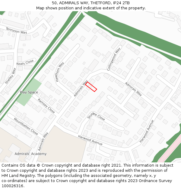 50, ADMIRALS WAY, THETFORD, IP24 2TB: Location map and indicative extent of plot