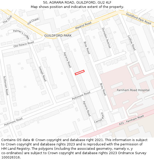 50, AGRARIA ROAD, GUILDFORD, GU2 4LF: Location map and indicative extent of plot