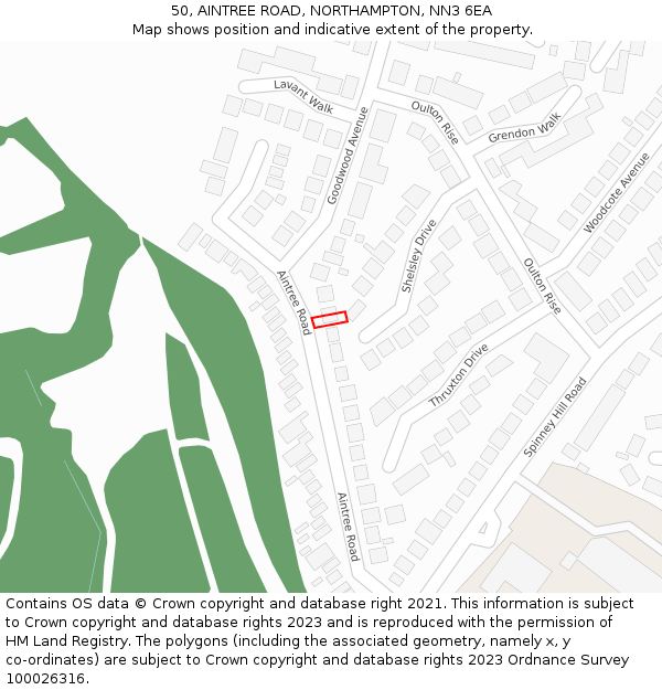 50, AINTREE ROAD, NORTHAMPTON, NN3 6EA: Location map and indicative extent of plot
