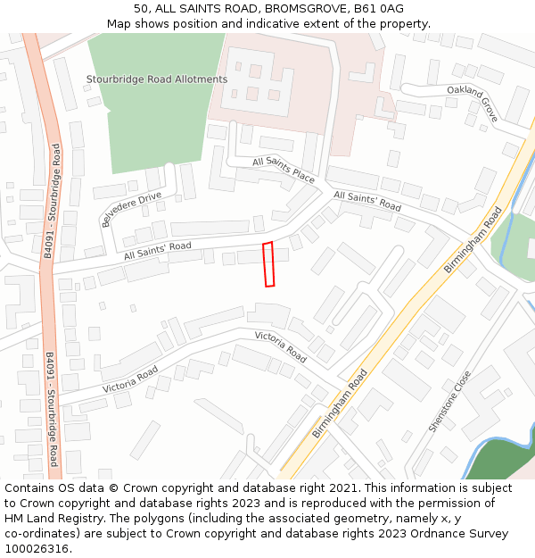 50, ALL SAINTS ROAD, BROMSGROVE, B61 0AG: Location map and indicative extent of plot