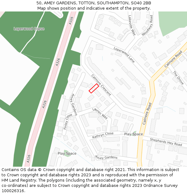 50, AMEY GARDENS, TOTTON, SOUTHAMPTON, SO40 2BB: Location map and indicative extent of plot