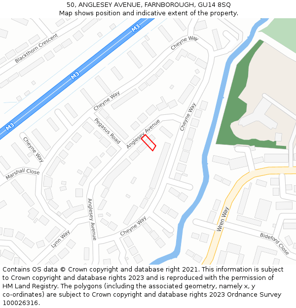 50, ANGLESEY AVENUE, FARNBOROUGH, GU14 8SQ: Location map and indicative extent of plot