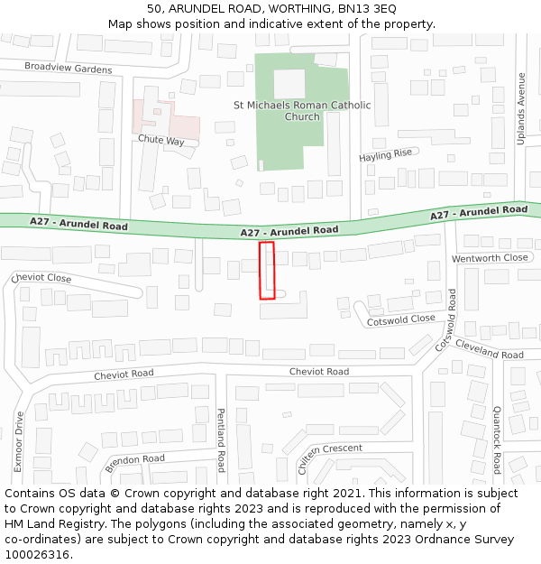 50, ARUNDEL ROAD, WORTHING, BN13 3EQ: Location map and indicative extent of plot
