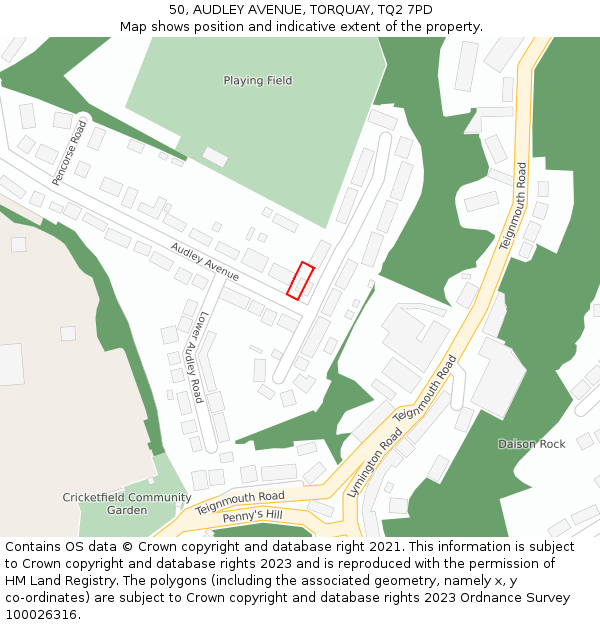 50, AUDLEY AVENUE, TORQUAY, TQ2 7PD: Location map and indicative extent of plot