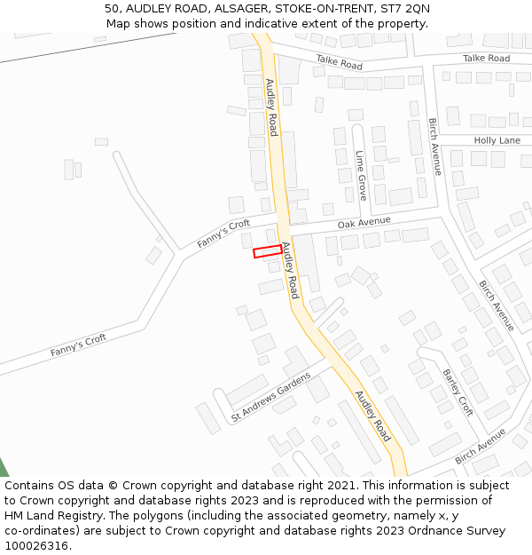50, AUDLEY ROAD, ALSAGER, STOKE-ON-TRENT, ST7 2QN: Location map and indicative extent of plot