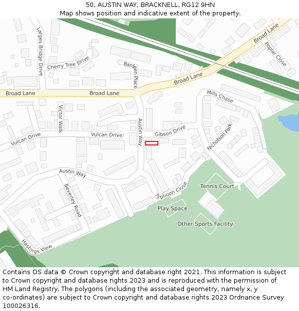 50, AUSTIN WAY, BRACKNELL, RG12 9HN: Location map and indicative extent of plot
