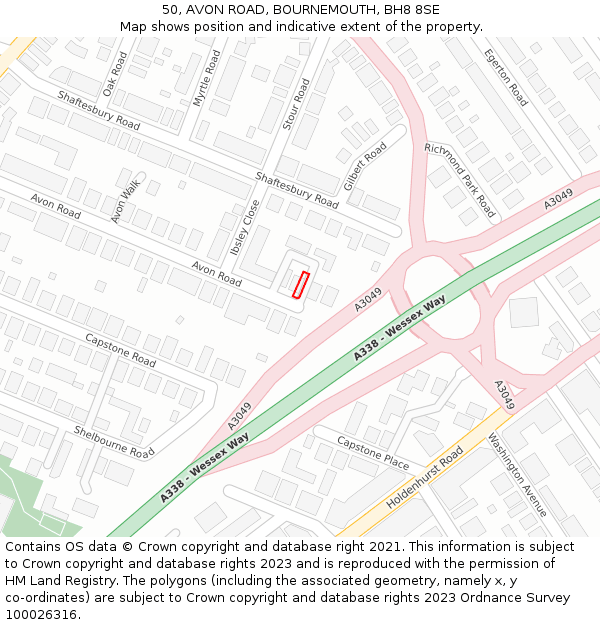 50, AVON ROAD, BOURNEMOUTH, BH8 8SE: Location map and indicative extent of plot