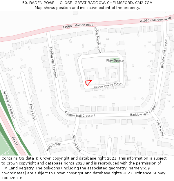 50, BADEN POWELL CLOSE, GREAT BADDOW, CHELMSFORD, CM2 7GA: Location map and indicative extent of plot