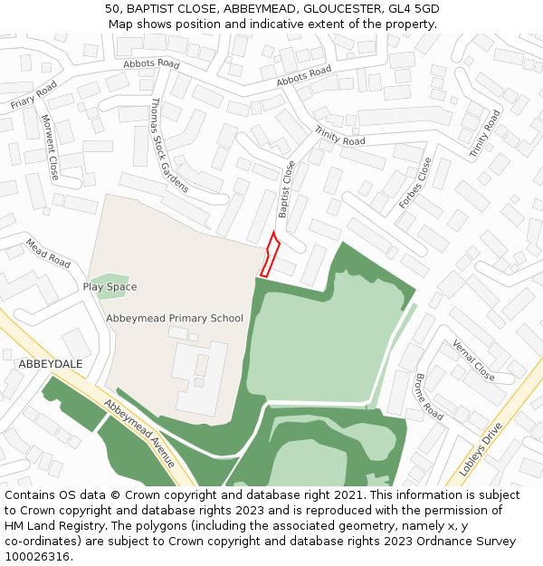 50, BAPTIST CLOSE, ABBEYMEAD, GLOUCESTER, GL4 5GD: Location map and indicative extent of plot