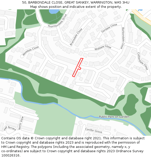 50, BARBONDALE CLOSE, GREAT SANKEY, WARRINGTON, WA5 3HU: Location map and indicative extent of plot