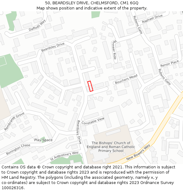 50, BEARDSLEY DRIVE, CHELMSFORD, CM1 6GQ: Location map and indicative extent of plot