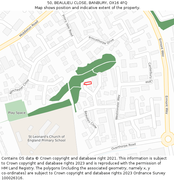 50, BEAULIEU CLOSE, BANBURY, OX16 4FQ: Location map and indicative extent of plot