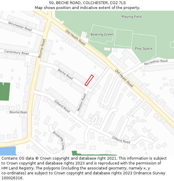 50, BECHE ROAD, COLCHESTER, CO2 7LS: Location map and indicative extent of plot