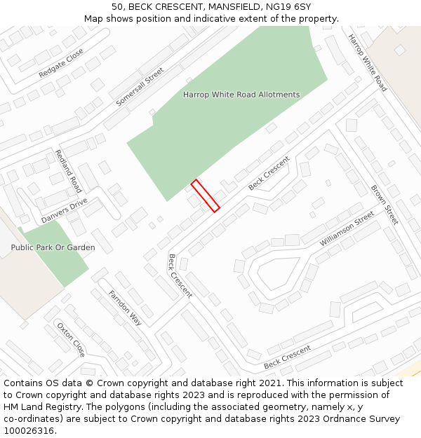 50, BECK CRESCENT, MANSFIELD, NG19 6SY: Location map and indicative extent of plot