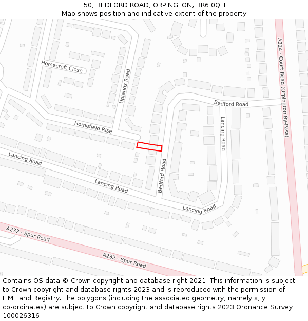 50, BEDFORD ROAD, ORPINGTON, BR6 0QH: Location map and indicative extent of plot