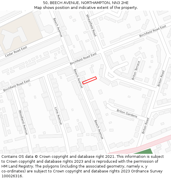 50, BEECH AVENUE, NORTHAMPTON, NN3 2HE: Location map and indicative extent of plot
