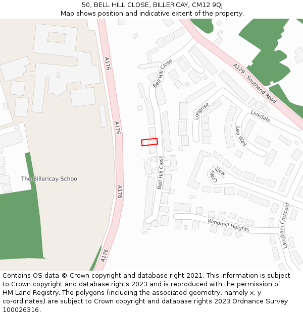 50, BELL HILL CLOSE, BILLERICAY, CM12 9QJ: Location map and indicative extent of plot