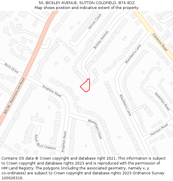 50, BICKLEY AVENUE, SUTTON COLDFIELD, B74 4DZ: Location map and indicative extent of plot