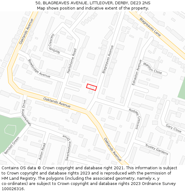 50, BLAGREAVES AVENUE, LITTLEOVER, DERBY, DE23 2NS: Location map and indicative extent of plot