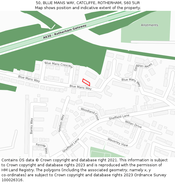 50, BLUE MANS WAY, CATCLIFFE, ROTHERHAM, S60 5UR: Location map and indicative extent of plot